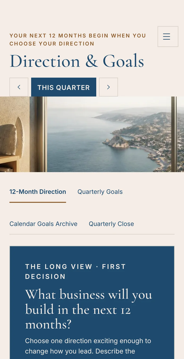 ExecSide direction and goals screen on mobile